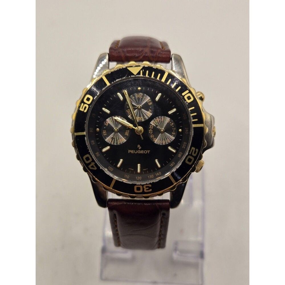 Peugeot Men's 682 Multifunction Leather Band Chronograph Watch. New Batt. 38.5mm